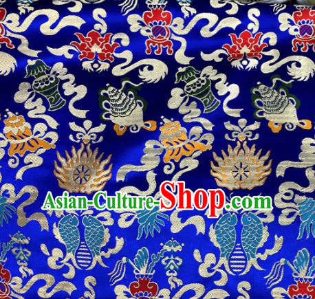 Chinese Traditional Buddhism Fire Fishes Pattern Royalblue Brocade Silk Fabric Tibetan Robe Satin Fabric Asian Material