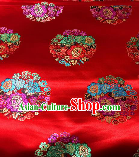 Chinese Traditional Buddhism Round Peony Pattern Red Brocade Silk Fabric Tibetan Robe Satin Fabric Asian Material