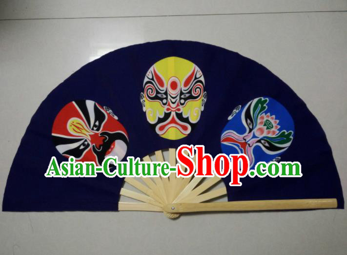 Chinese Traditional Sichuan Opera Blue Fans Handmade Folding Fan for Men