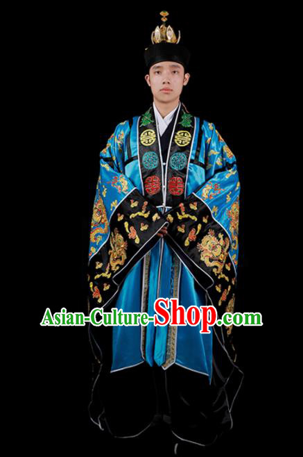 Chinese National Taoist Priest Embroidered Dragons Blue Cassock Traditional Taoism Costume for Men