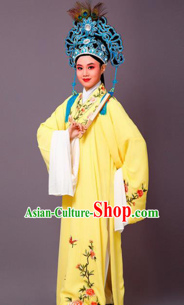 Chinese Traditional Peking Opera Scholar Embroidered Peony Yellow Robe Beijing Opera Niche Costume for Men