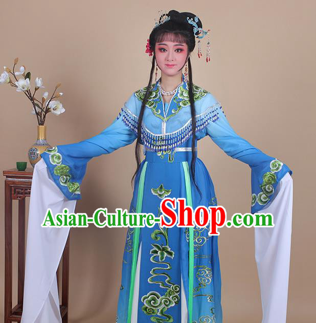 Chinese Traditional Shaoxing Opera Peri Embroidered Royalblue Dress Beijing Opera Princess Hua Dan Costume for Women