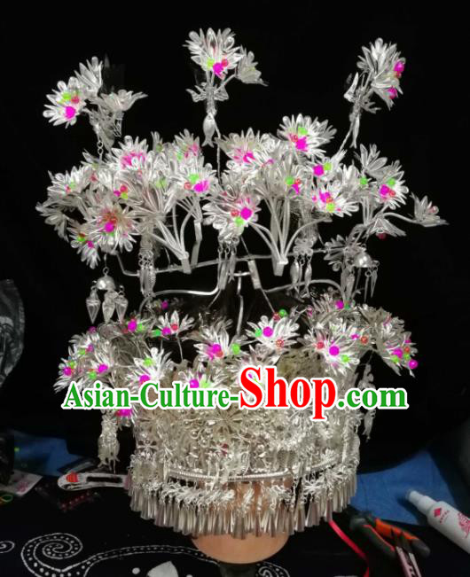 Chinese Traditional Ethnic Headwear Miao Nationality Bride Wedding Sliver Phoenix Coronet for Women