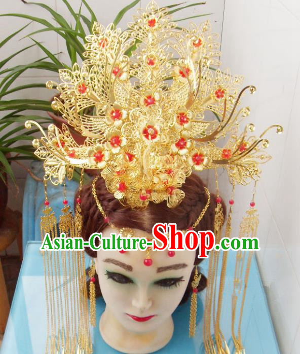 Chinese Traditional Goddess Red Flowers Phoenix Coronet Hairpins Ancient Princess Hair Accessories for Women