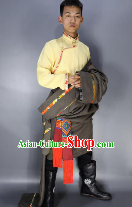 Traditional Chinese National Bride Ethnic Grey Tibetan Robe Zang Nationality Folk Dance Costumes for Men