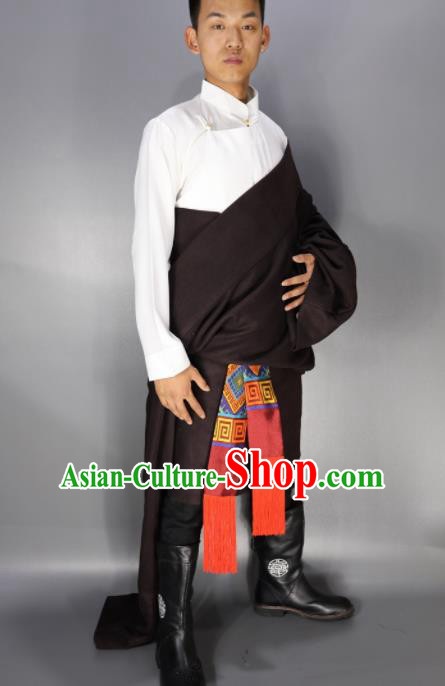 Traditional Chinese National Ethnic Dark Red Tibetan Robe Zang Nationality Folk Dance Costumes for Men