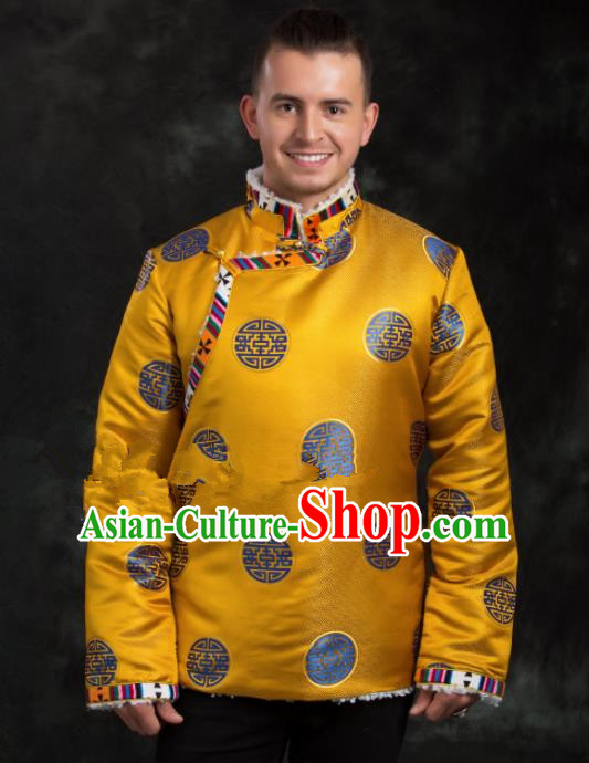 Chinese Traditional Tibetan Golden Brocade Cotton Padded Jacket Zang Nationality Ethnic Costume for Men