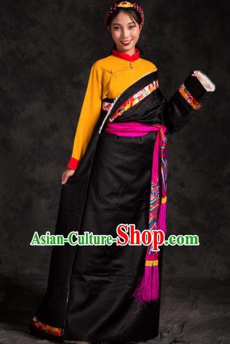 Chinese Traditional Ethnic Female Black Tibetan Robe Zang Nationality Heishui Dance Costume for Women