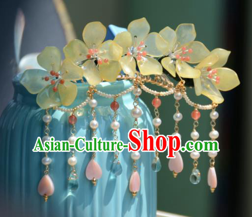 Traditional Chinese Hanfu Hair Accessories Ancient Princess Yellow Flowers Hair Crown Tassel Hairpins for Women