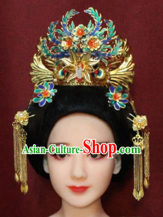 Chinese Ancient Imperial Consort Blueing Phoenix Coronet Headwear Traditional Tang Dynasty Queen Hair Accessories for Women