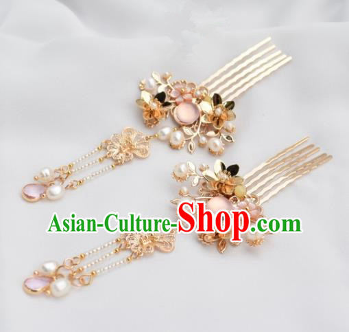 Chinese Ancient Princess Palace Pink Crystal Hair Combs Hairpins Traditional Handmade Hanfu Hair Accessories for Women