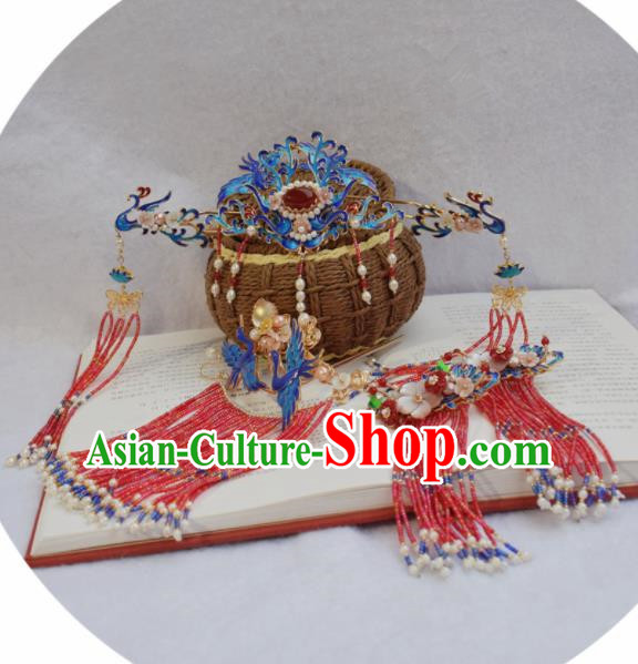 Chinese Ancient Princess Cloisonne Phoenix Coronet Palace Hairpins Traditional Handmade Hanfu Hair Accessories for Women