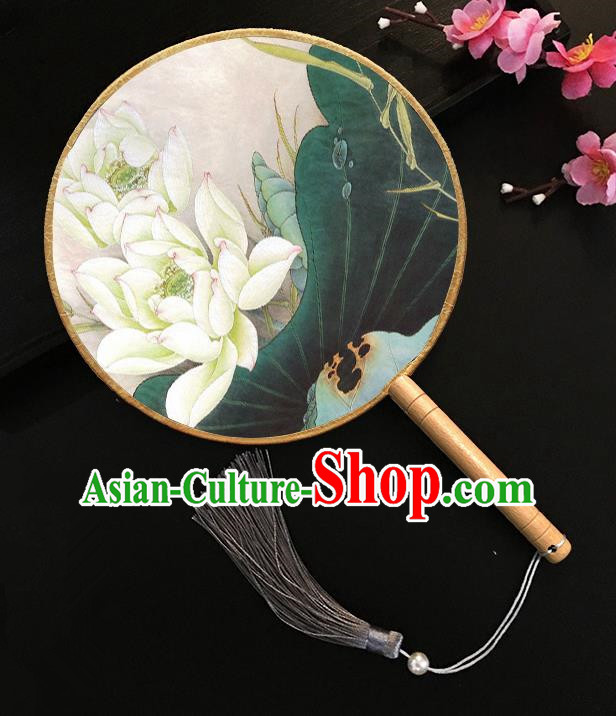 Chinese Handmade Classical Palace Fans Painting Lotus Silk Round Fan for Women
