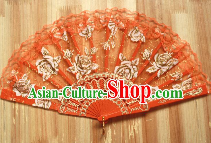 Chinese Handmade Folk Dance Orange Lace Rose Folding Fans Classical Accordion Fan for Women