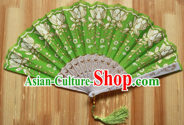 Chinese Handmade Folk Dance Green Folding Fans Classical Accordion Fan for Women