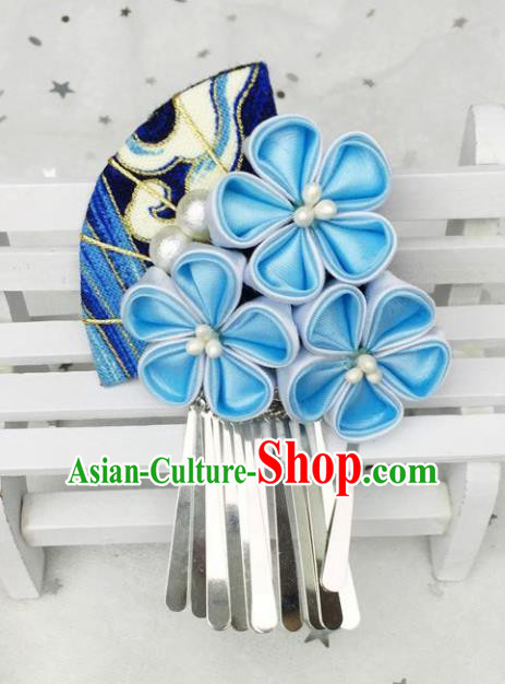 Japan Traditional Yukata Blue Flowers Fan Tassel Hair Claw Japanese Handmade Kimono Hair Accessories for Women