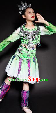 Chinese Miao Nationality Ethnic Green Costume Traditional Minority Folk Dance Stage Performance Clothing for Kids