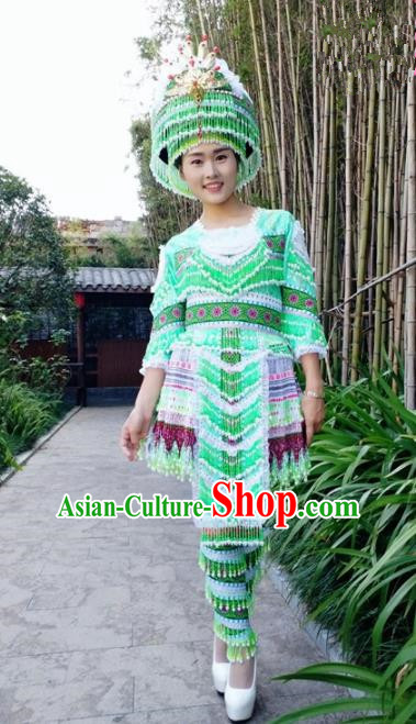 Traditional Chinese Miao Nationality Folk Dance Beads Tassel Green Short Dress Minority Ethnic Wedding Stage Performance Costume for Women