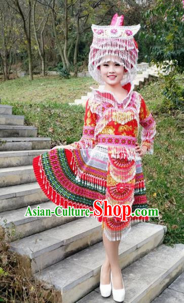 Traditional Chinese Miao Nationality Folk Dance Beads Tassel Red Short Dress Minority Ethnic Wedding Stage Performance Costume for Women