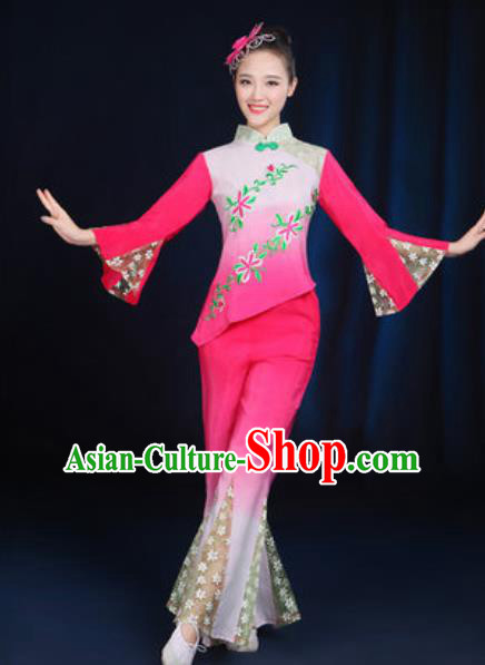 Traditional Chinese Yangko Fan Dance Rosy Clothing Folk Dance Stage Performance Costume for Women
