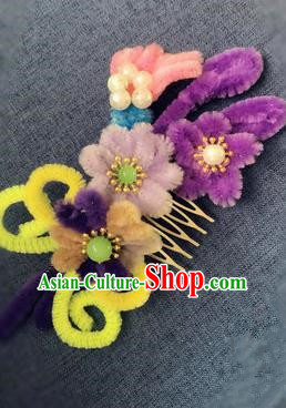 Traditional Chinese Qing Dynasty Velvet Flowers Hair Comb Hairpins Handmade Ancient Palace Hair Accessories for Women