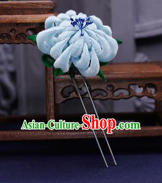 Traditional Chinese Handmade Qing Dynasty Blue Velvet Chrysanthemum Hairpins Ancient Imperial Consort Hair Accessories for Women