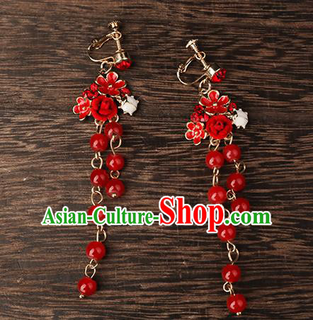 Handmade Chinese Classical Red Beads Tassel Ear Accessories Ancient Princess Hanfu Earrings for Women