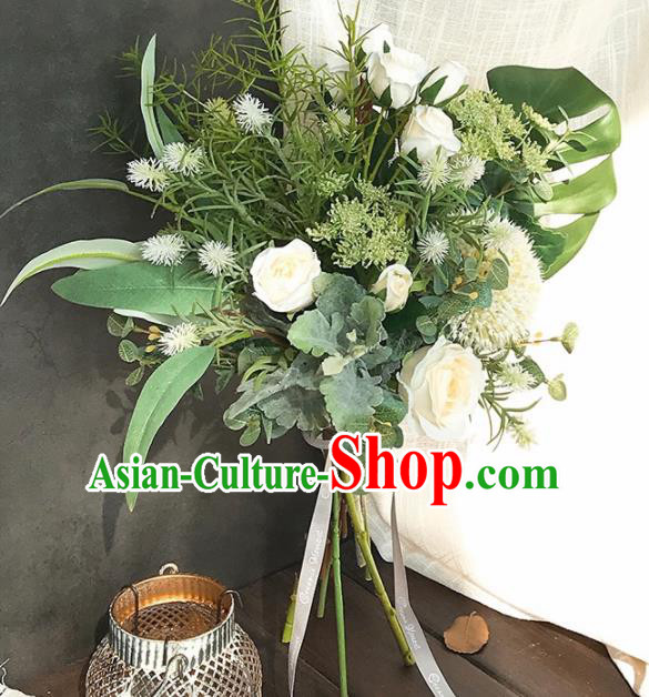 Handmade Classical Wedding Bride Holding Emulational White Rose Flowers Ball Hand Tied Bouquet Flowers for Women