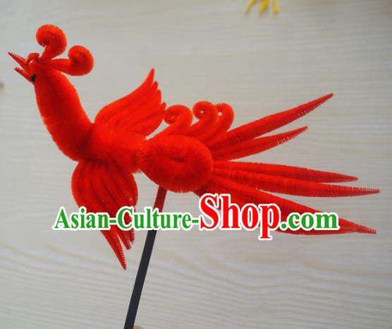 Chinese Handmade Palace Red Phoenix Velvet Hairpins Ancient Queen Hair Accessories Headwear for Women
