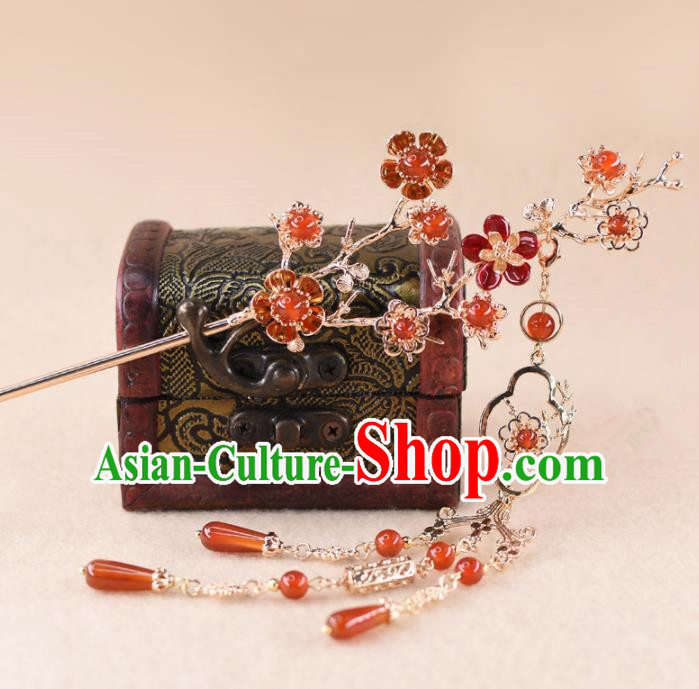 Chinese Handmade Palace Agate Plum Blossom Hairpins Ancient Princess Hanfu Hair Accessories Headwear for Women