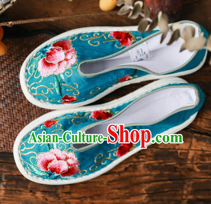 Chinese Handmade Blue Cloth Shoes Traditional National Shoes Ancient Princess Embroidered Peony Hanfu Shoes for Women