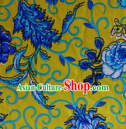 Chinese Traditional Fabric Cheongsam Printing Peony Yellow Brocade Material Hanfu Classical Satin Silk Fabric
