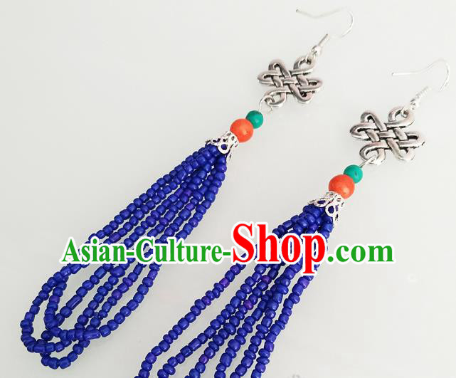 Traditional Chinese Mongol Nationality Blue Beads Ear Accessories Mongolian Ethnic Folk Dance Earrings for Women