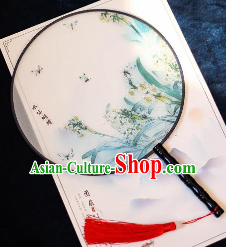 Chinese Traditional Printing Daffodil Silk Round Fans Handmade Classical Palace Fans for Women