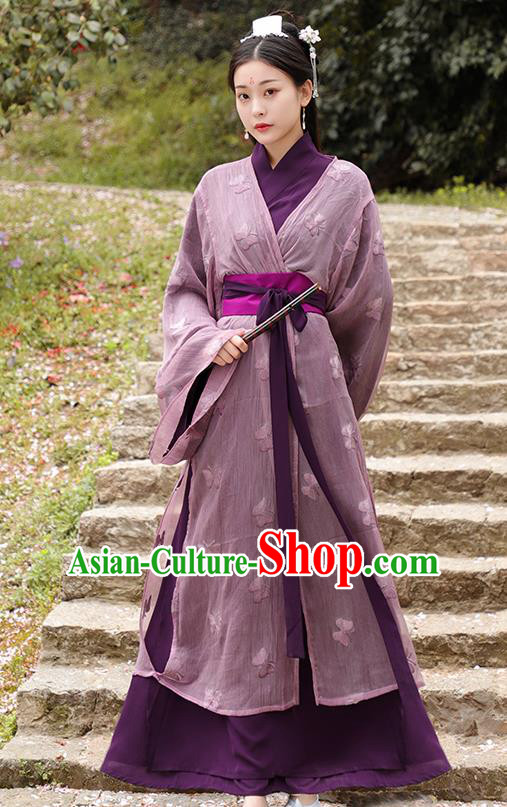 Chinese Ancient Swordswoman Purple Hanfu Dress Jin Dynasty Nobility Lady Princess Historical Costume for Women