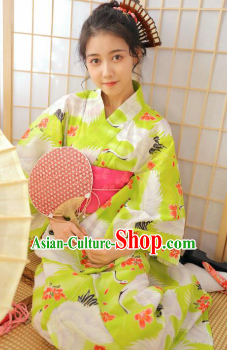 Japanese Traditional Handmade Printing Cranes Furisode Kimono Green Dress Asian Japan Geisha Yukata Costume for Women