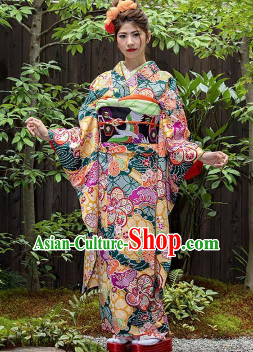 Japanese Traditional Costume Geisha Printing Green Furisode Kimono Asian Japan Yukata Dress for Women