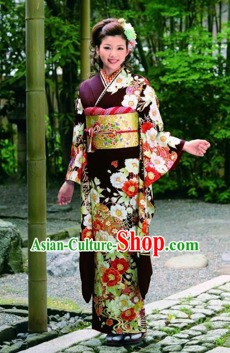 Japanese Traditional Printing Peony Furisode Kimono Asian Japan Costume Geisha Yukata Dress for Women