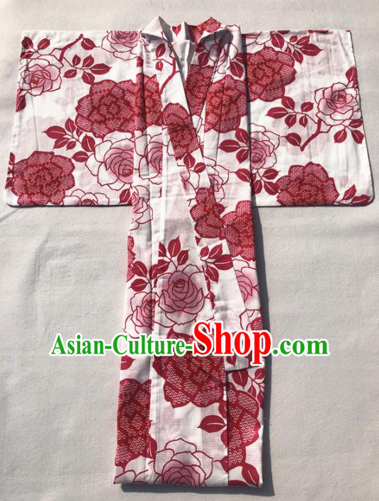 Japanese Classical Printing Red Roses Kimono Asian Japan Traditional Costume Geisha Yukata Dress for Women