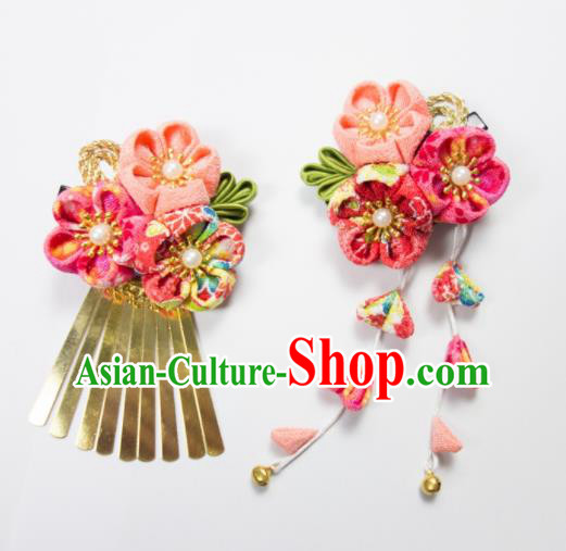 Japanese Traditional Geisha Kimono Hair Accessories Japan Yukata Pink Sakura Tassel Hair Claws for Women