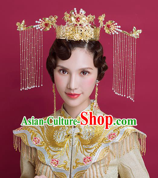 Traditional Chinese Ancient Bride Phoenix Coronet Tassel Hairpins Handmade Wedding Hair Accessories for Women
