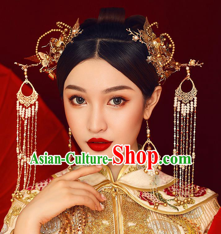 Traditional Chinese Ancient Hanfu Golden Tassel Hair Clasp Bride Hairpins Handmade Wedding Hair Accessories for Women