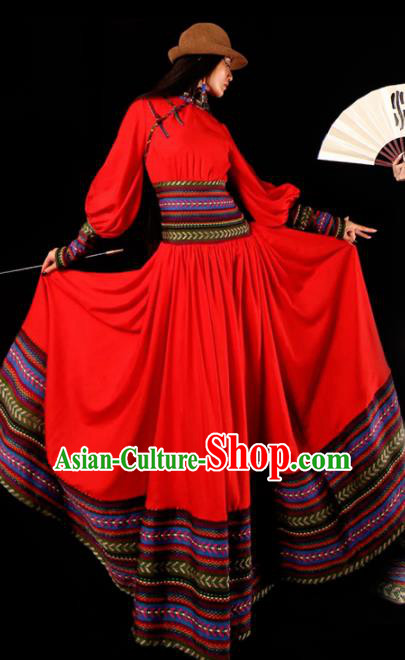 Chinese National Mongol Nationality Red Dress Traditional Mongolian Ethnic Costume for Women