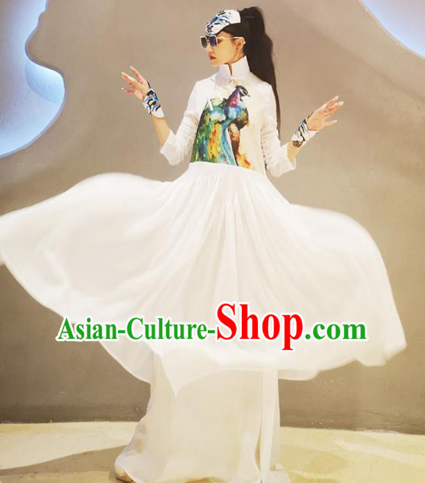 Chinese Traditional Catwalks Costume National Printing White Cheongsam Tang Suit Qipao Dress for Women