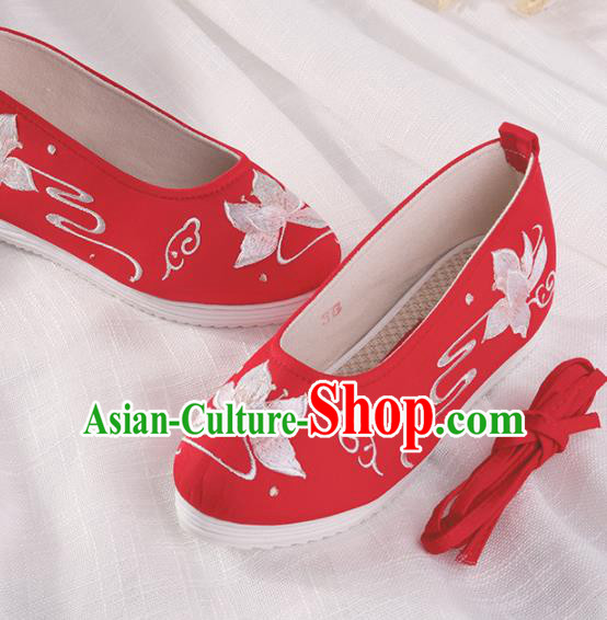 Chinese Traditional Embroidered Lotus Red Shoes Hanfu Cloth Shoes Handmade Ancient Princess Shoes for Women
