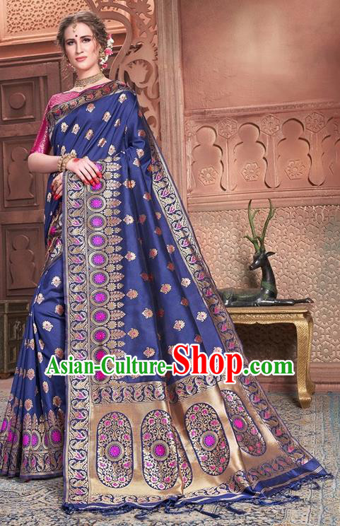 Indian Traditional Costume Asian India Embroidered Royalblue Sari Dress Bollywood Court Queen Clothing for Women