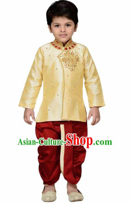 Asian India Traditional Costumes South Asia Indian National Golden Shirt and Red Pants for Kids