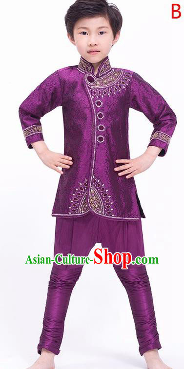 South Asian India Traditional Costume Shirt and Pants Asia Indian National Purple Suit for Kids