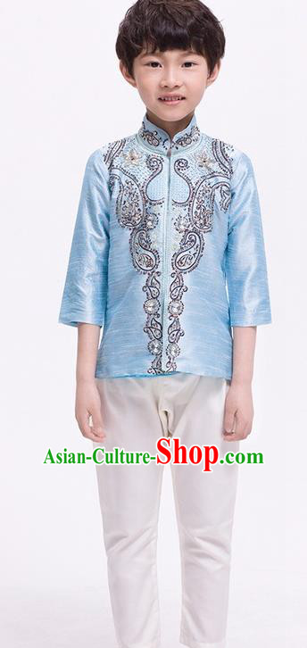 South Asian India Traditional Costume Blue Shirt and Pants Asia Indian National Suit for Kids