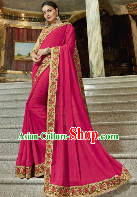 Indian Traditional Court Queen Rosy Sari Dress Asian India Bollywood Embroidered Costume for Women